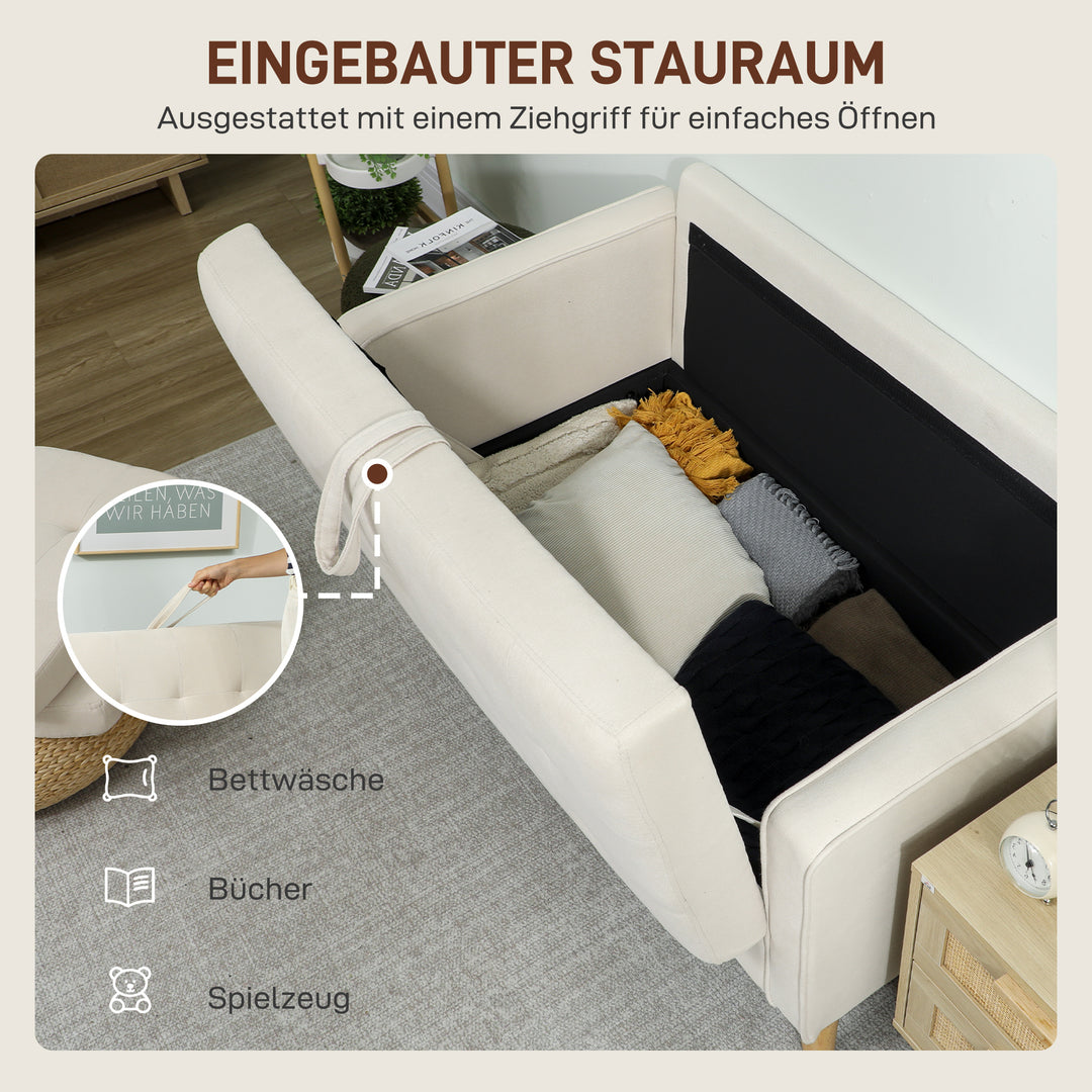 To-personers sofa med opbevaring, knapsyet kant, hynder, gummitræ, 117x62x78 cm, cremehvid