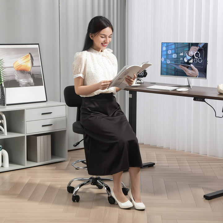 Kontorstol, kompakt drejestol, højdejusterbar, med fodstøtte, 360° drejelig, kunstlæder, metal, sort