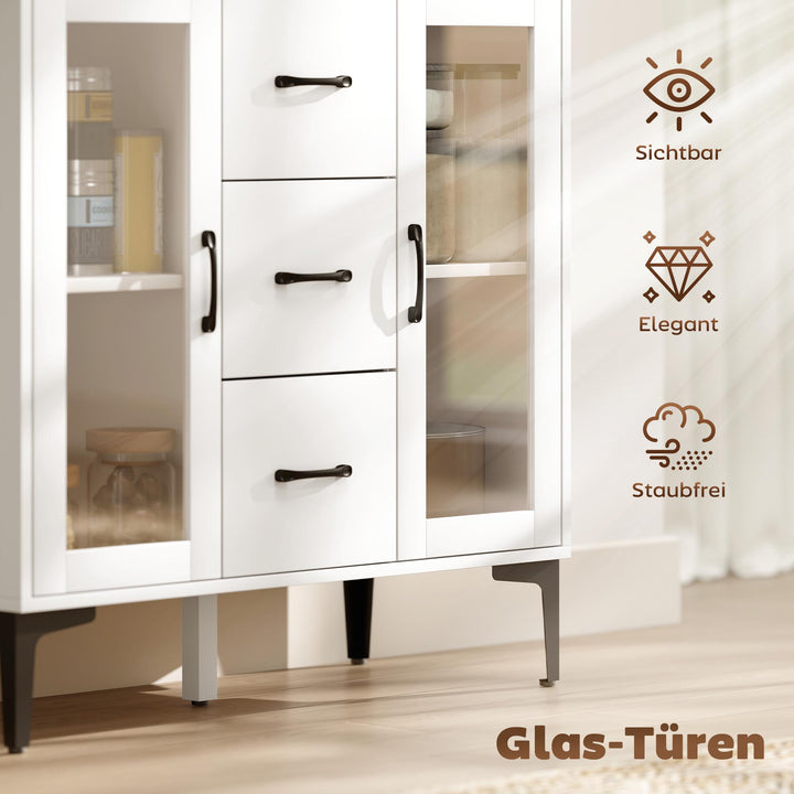 Moderne skænk med soft-close døre, buffetskab med 3 skuffer, 2 vitrinedøre, justerbare hylder, MDF, hvid
