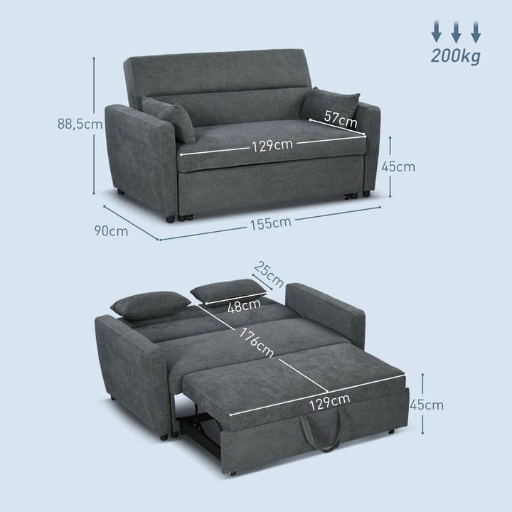 2-Personers sovesofa, udklappelig, op til 200 kg, træramme, 155 x 90 x 88,5 cm, mørkegrå