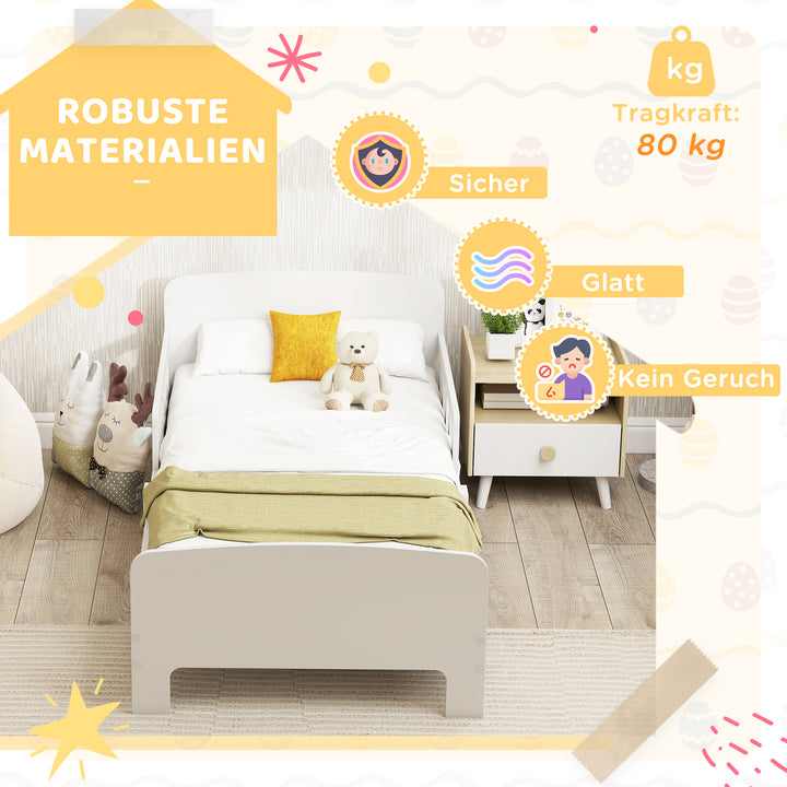 Børneseng med sengehest, småbørnsseng til børn i alderen 3-8 år, MDF, hvid