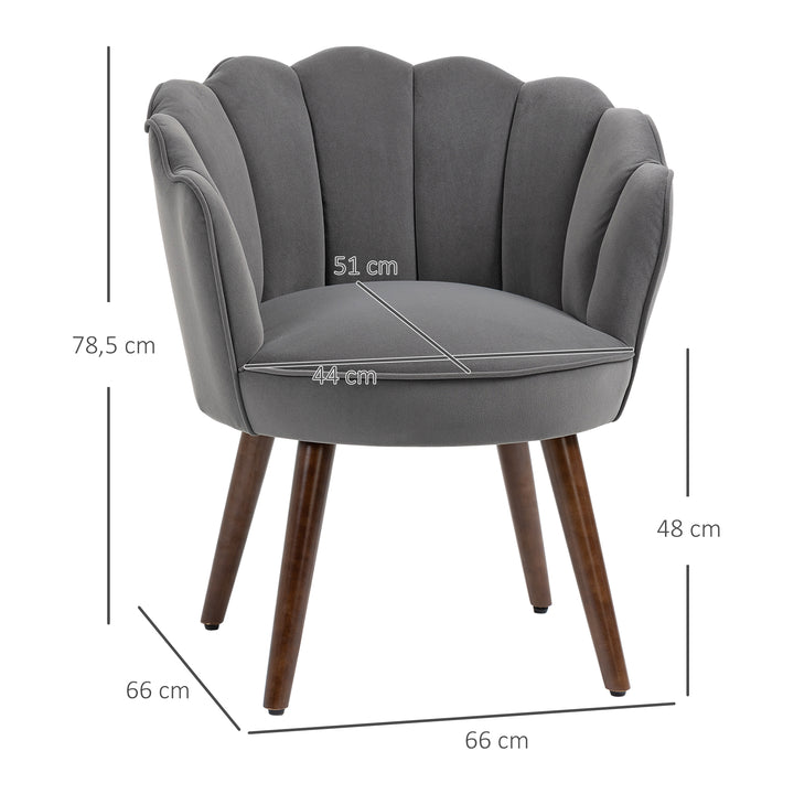 Lænestol stue loungestol i skalformet afslappende stol med træben, polstret stol læsestol med fløjlslook, polstret stol til soveværelse mørkegrå