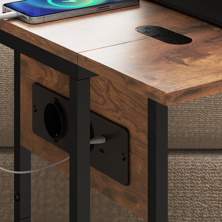 Sammenklappeligt sidebord, ladestation med USB-porte, metal, 39 x 29 x 57 cm, brun