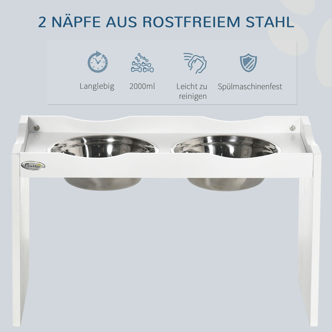 Foderstation, skålstativ, 2 2-liters foderskåle, rustfrit stål, til store hunde, hvid, 63 x 30 x 24 cm