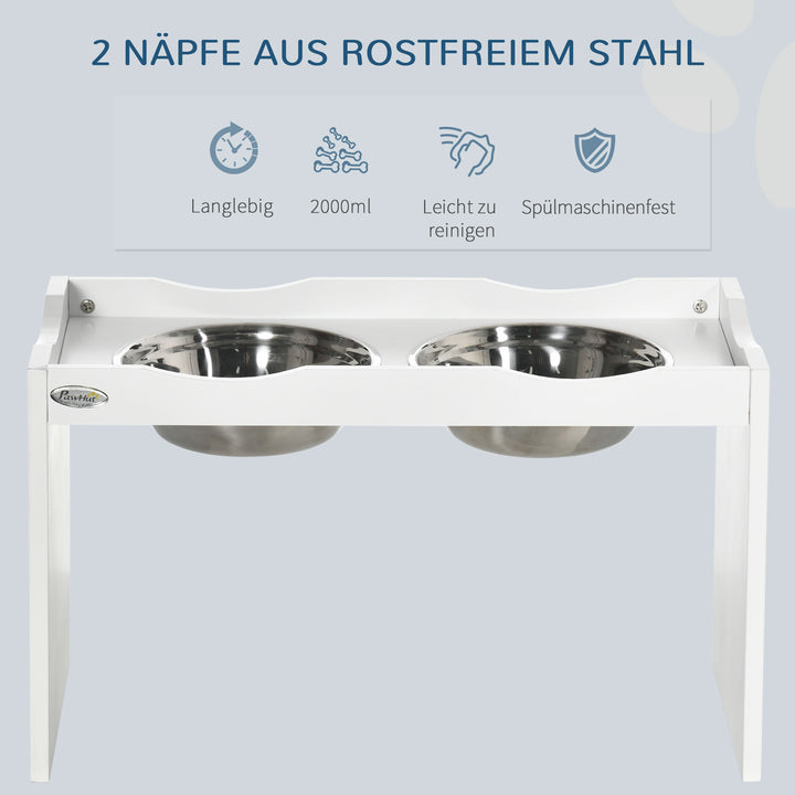 Foderstation, skålstativ, 2 2-liters foderskåle, rustfrit stål, til store hunde, hvid, 63 x 30 x 24 cm