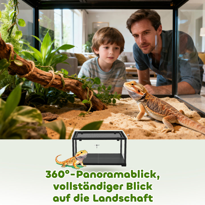 Krybdyrterrarium, 86 liters terrarium med skydedør, aflåselig, til firben, insekter, edderkopper, gekkoer, 60 x 45 x 32 cm, sort