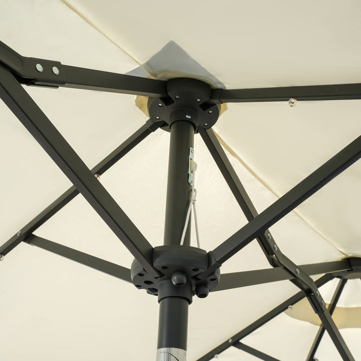 Dobbelt parasol, terrasseparasol, vipbar, med solpanel, 35 LED'er, stålramme, beige, 2,92 x 1,50 x 2,18 m