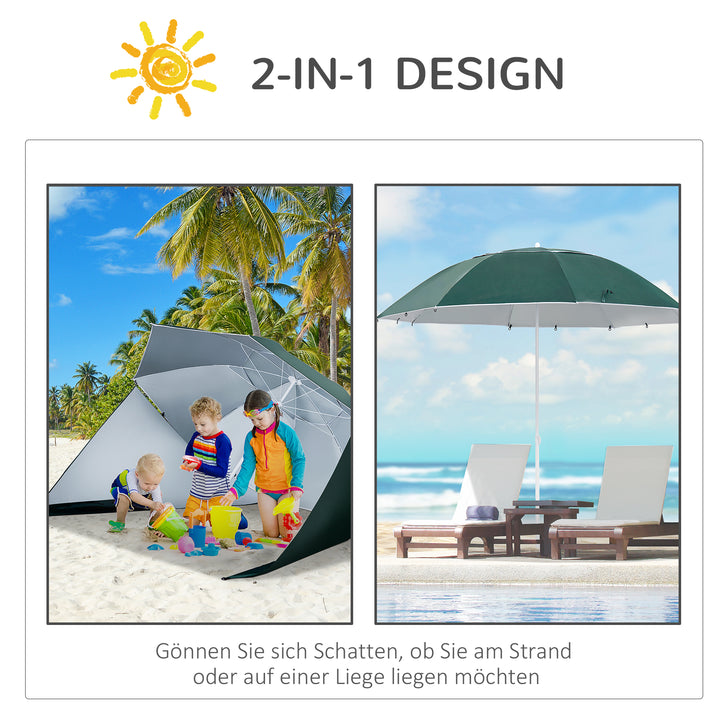2-i-1 strandparasol Ø 210 cm UPF 50+ vindtæt strandparasol med sidepaneler bæretaske balkonparasol foldbar haveparasol solbeskyttelse til rejser, strand, balkoncamping mørkegrøn