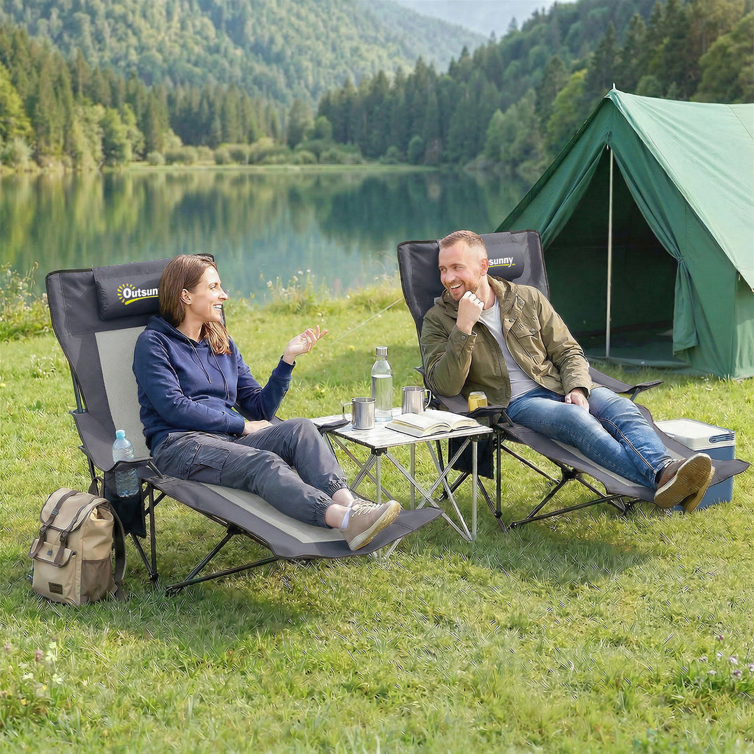 Sæt med 2 foldbare campingstole/fiskestole med justerbar ryglæn, fodstøtte, kopholder og nakkestøtte, mørkegrå