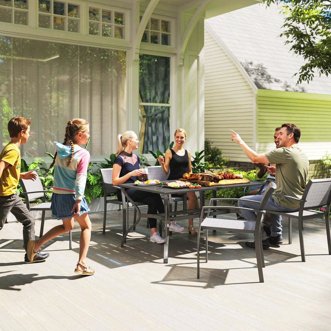 Havebord stål 150x90 cm vejrbestandigt balkonbord med parasolhul, lameldesign til 6 personer sort