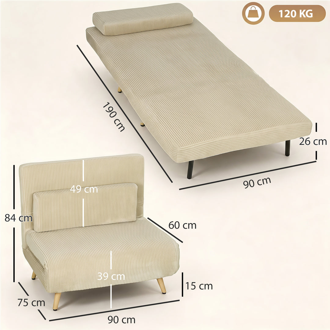 Sovestol 3 i 1 sovesofa med sengefunktion, 90x190 cm Beige