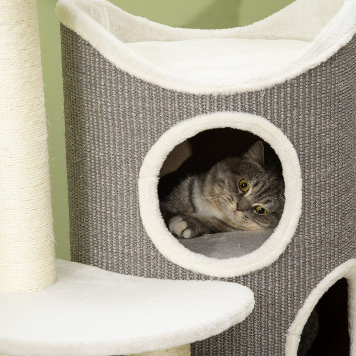 Kradsetræ med katteseng og kradsetønde til katte, 60 cm x 44,5 cm x 109 cm, grå + natur + hvid