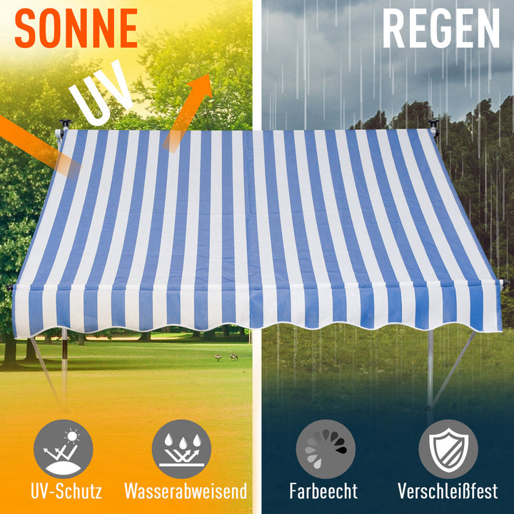 Klemmemarkise med håndsving, højdejusterbar, leddelt armsmarkise, smudsafvisende, vejrbestandig, balkonmarkise 150 cm bred, terrassemarkise til terrasse, balkon, veranda, blå+hvid