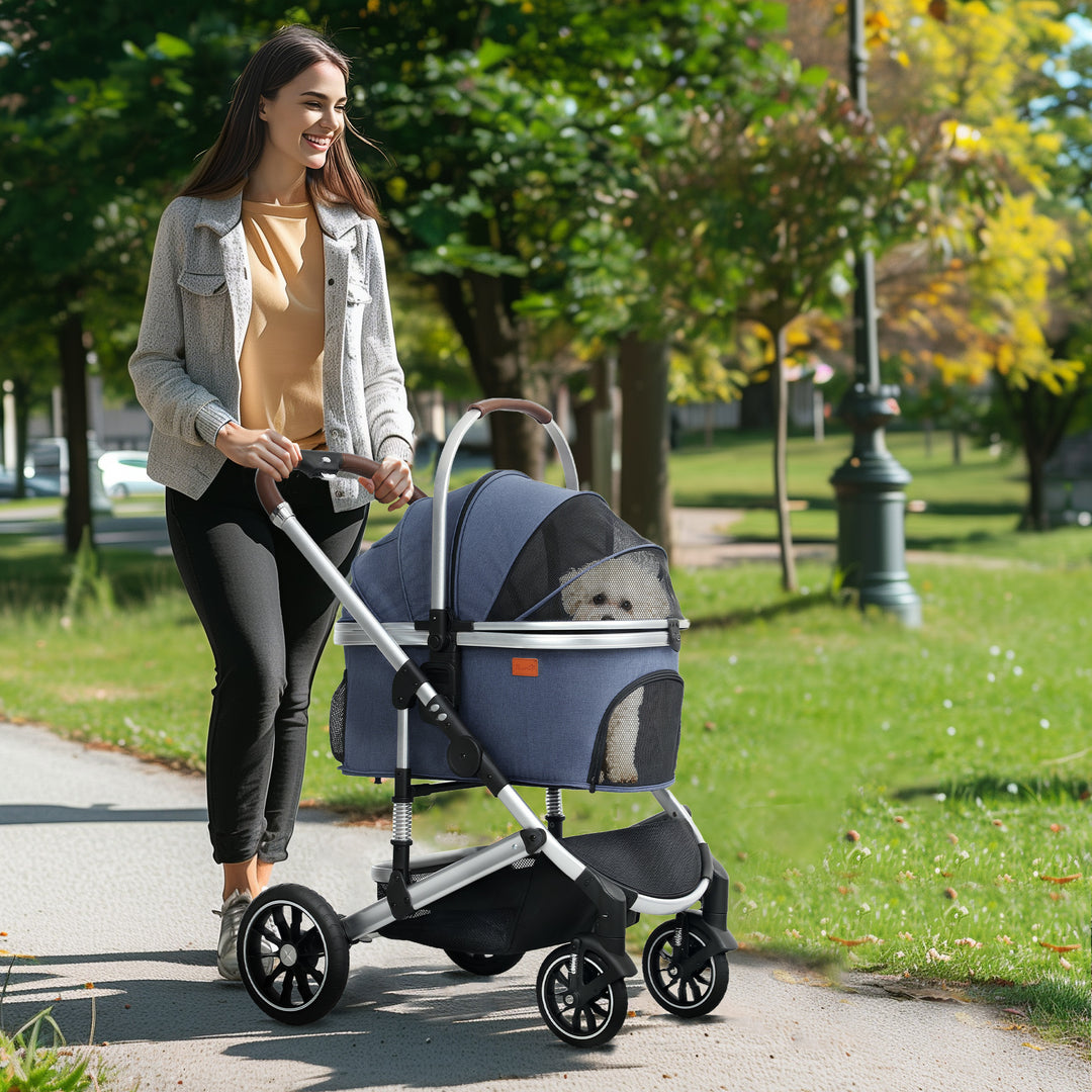 Hundeklapvogn 3 i 1 hundeklapvogn sammenklappelig til katte op til 10 kg katteklapvogn med pude kopholder mørkeblå