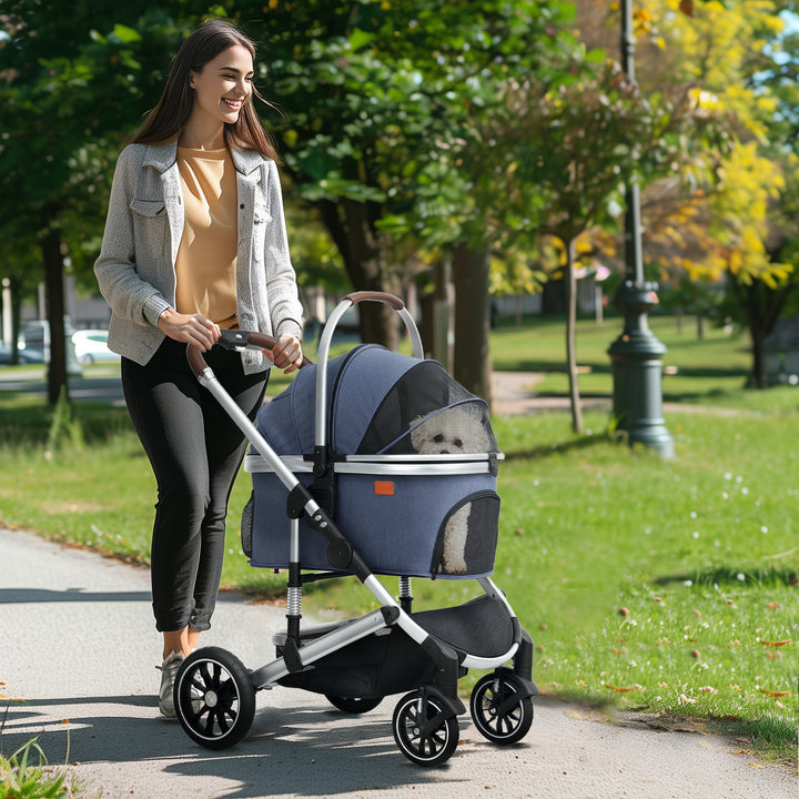 Hundeklapvogn 3 i 1 hundeklapvogn sammenklappelig til katte op til 10 kg katteklapvogn med pude kopholder mørkeblå