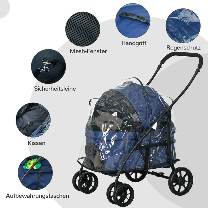 Hundevogn op til 10 kg sammenklappeligt regnslag, 2 sikkerhedssnore 81 x 68 x 98,5 cm mørkeblå