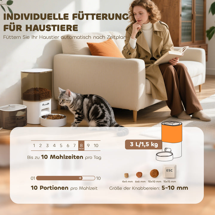 Automatisk foderautomat og 2,5 liters vanddispenser til små hunde og katte, hvid