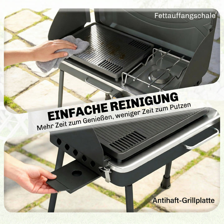 Bærbar gasgrill, 2 brændere, 7 kW, 2-i-1 bordgrill med stegefunktion, foldbare ben, grillrist, vindskærm, låg og låsemekanisme.