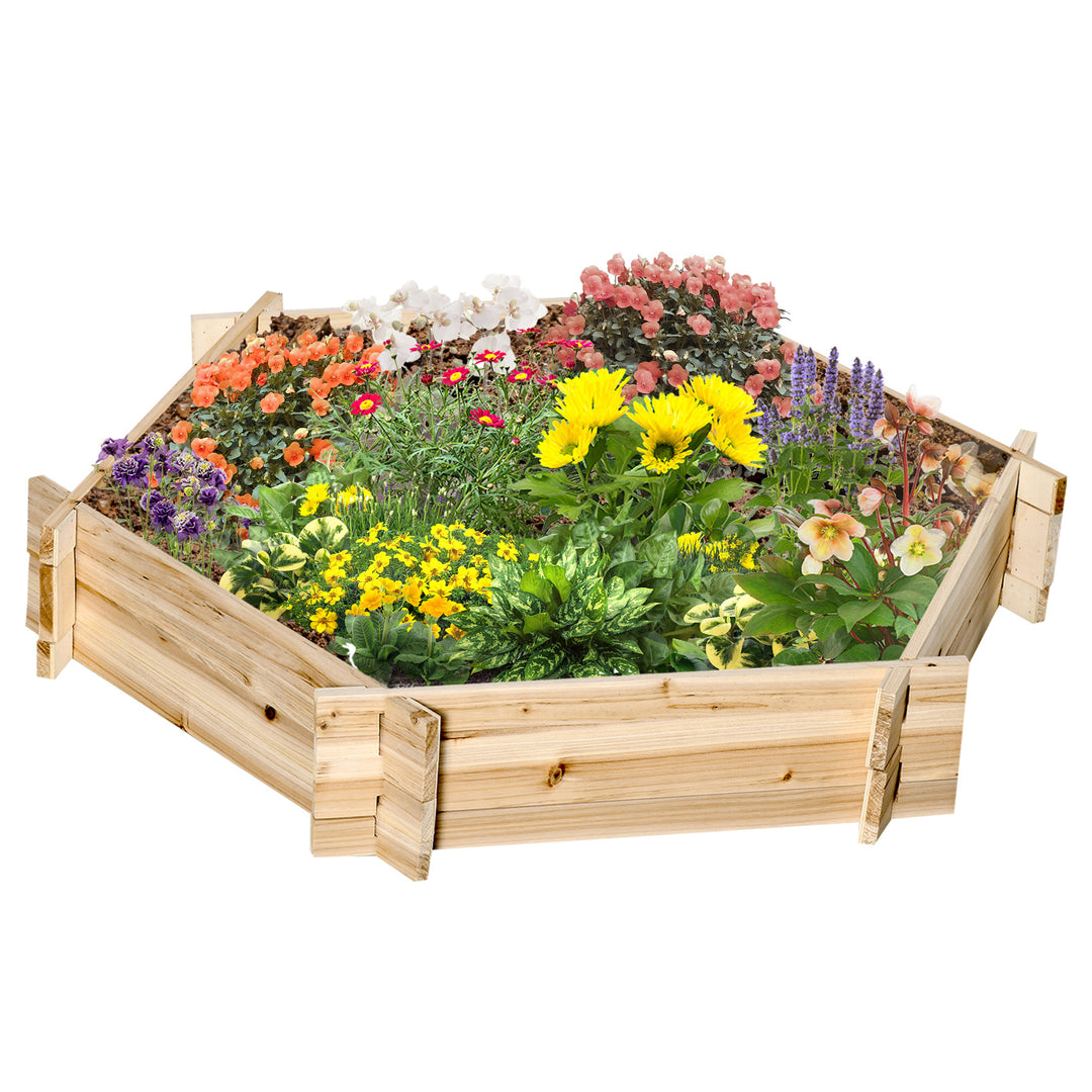 Sekskantet hævet havebed, gør-det-selv-plantekasse, træplantekasse til haven, balkon, naturlig finish, 100 x 92 x 16 cm