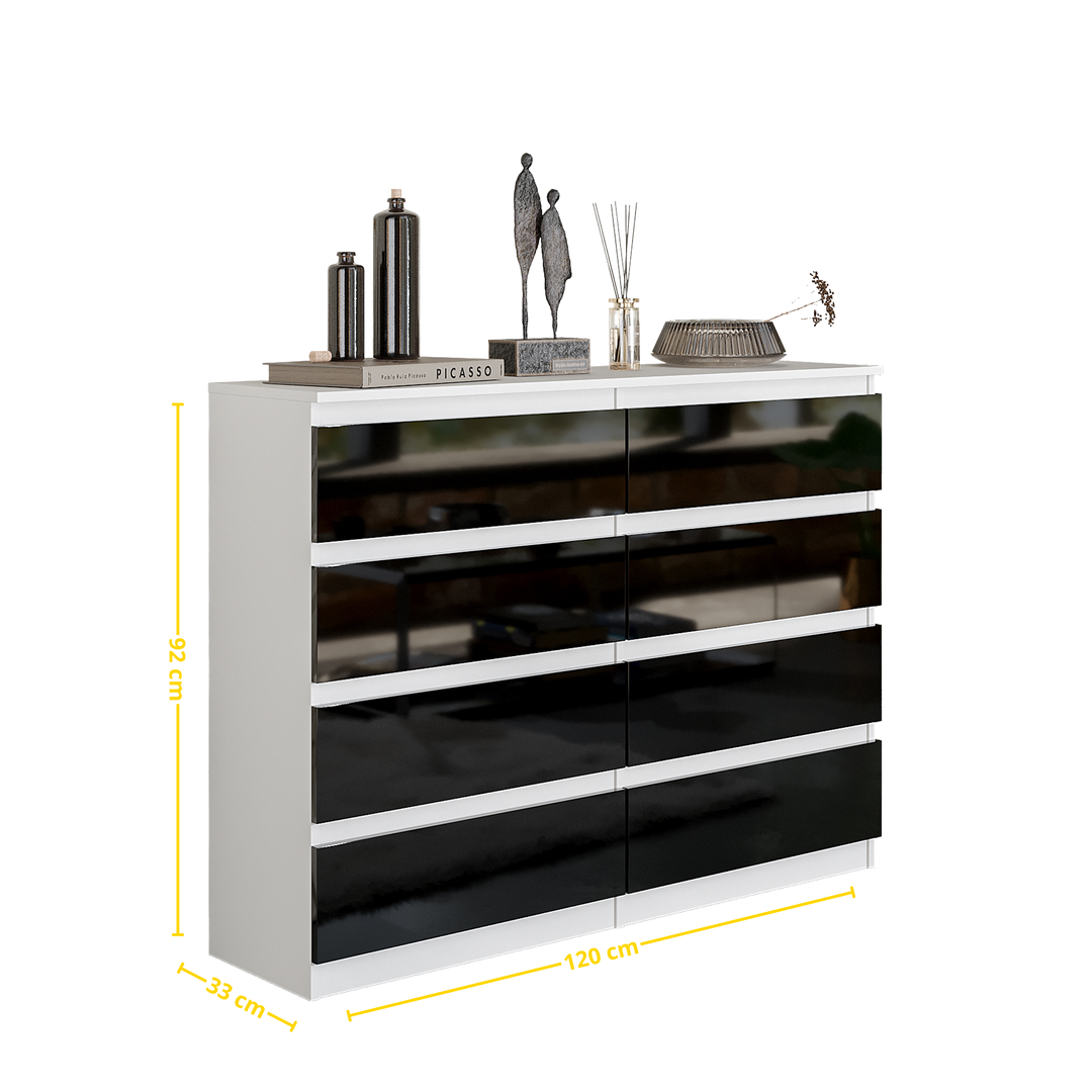 GABRIEL – kommode / sideboard med 8 skuffer – mat hvid / sort højglans – H92 cm B120 cm D33 cm