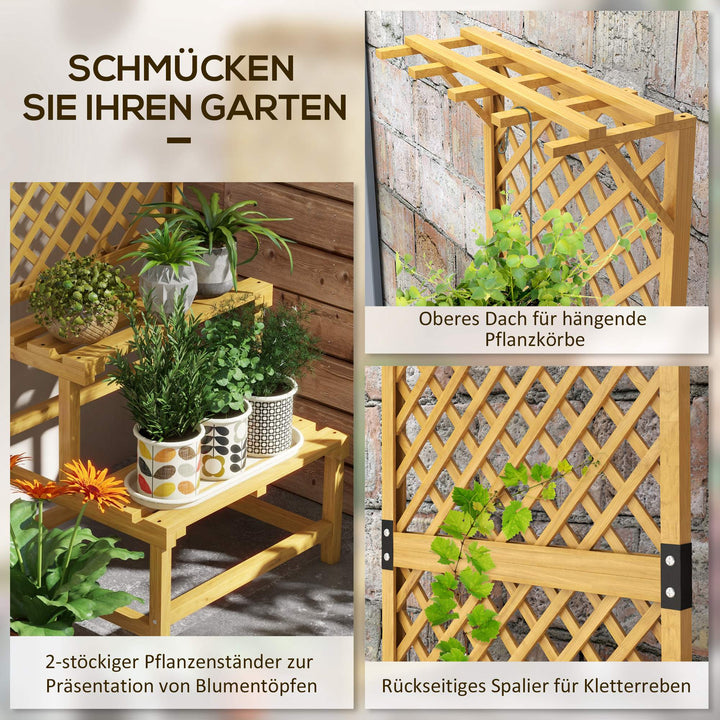 Plantestativ, blomsterhylde, 2 etager, med espalier og tag, fyrretræ, 60x50x166 cm, gul