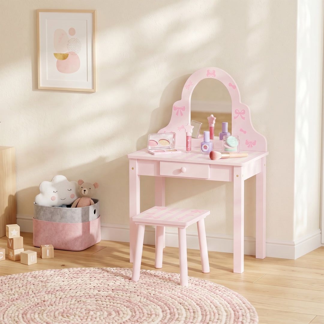 Børne 2-i-1 toiletbordsæt med skammel til piger i alderen 3-6 år, pink