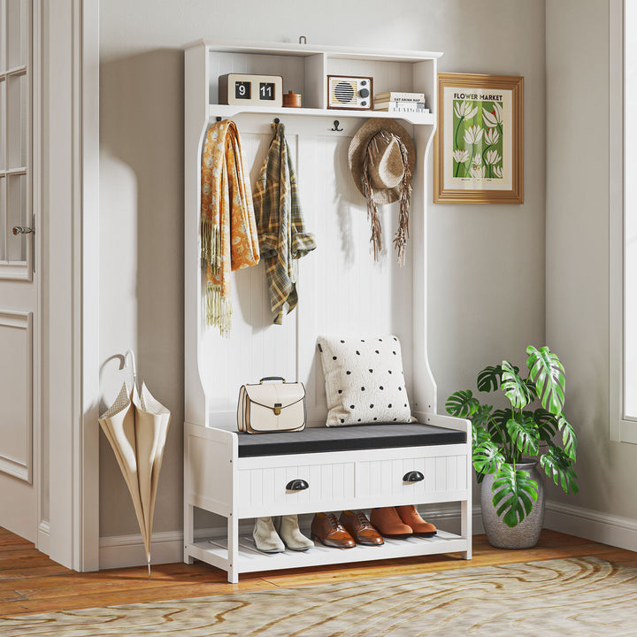 Knagerække med kroge, garderobe med skobænk, til entré, entré, metal, mdf, hvid+grå
