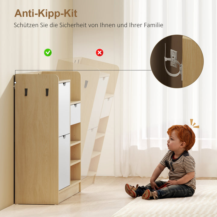 Skoreol til entré, skoskab med vippeskuffer, åbne hylder, 4 kroge, til op til 14 par sko, naturlig