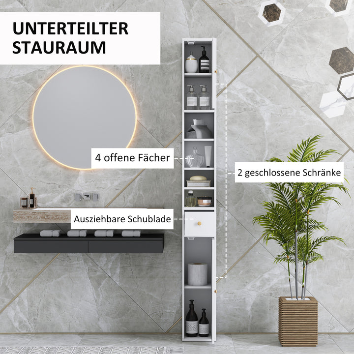 Badeværelsesskab, højt og slankt, åbne og lukkede rum, hvid