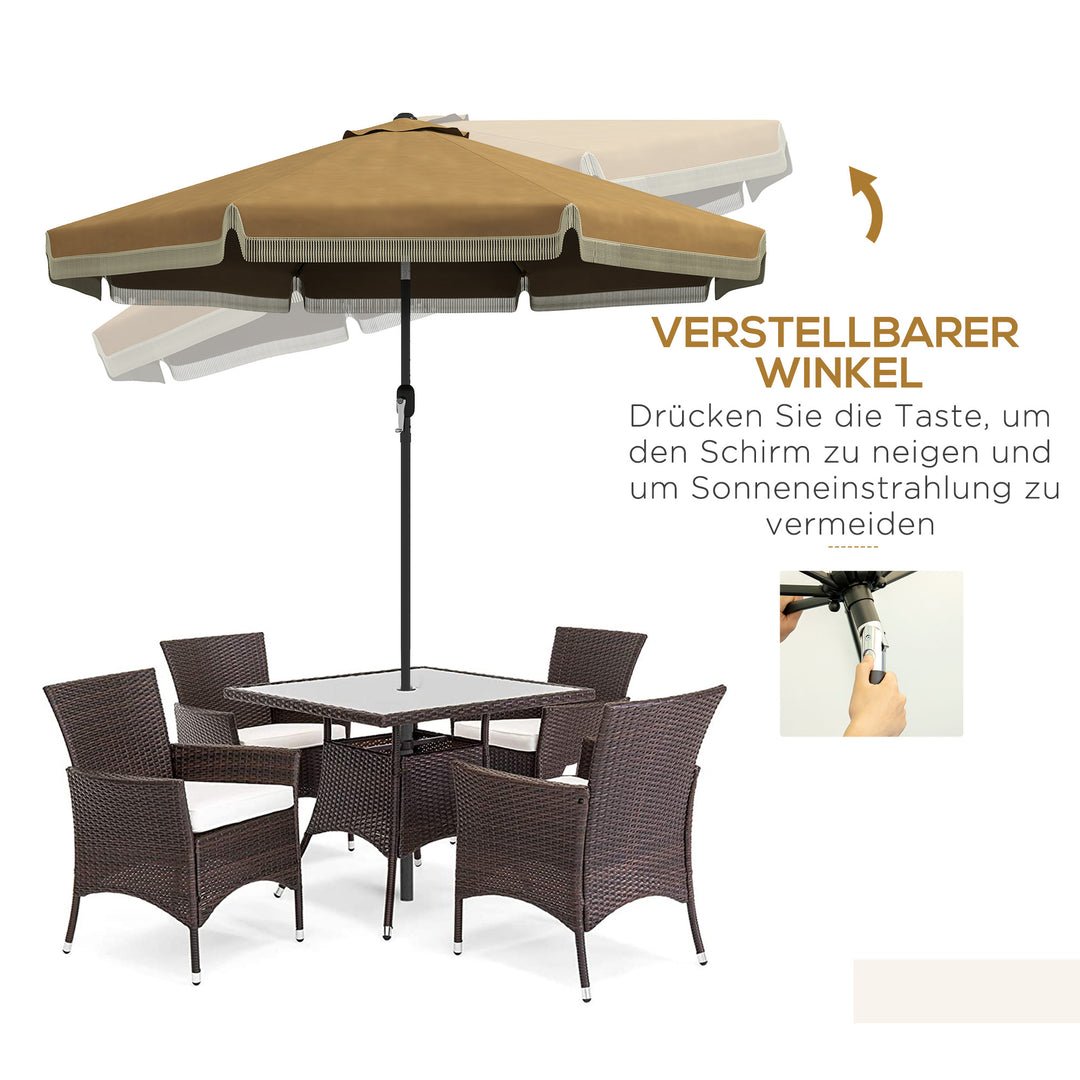 Parasol med frynset dekoration, Ø265 cm, vipbar, todelt metalstang, vindventil, khaki/sort