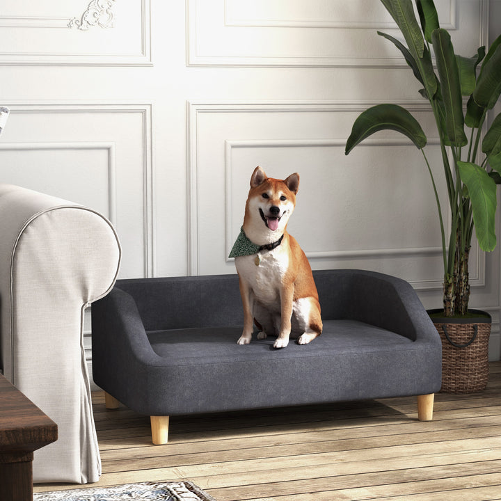 Hundesofa, kæledyrssofa, kattesofa, hundeseng til mellemstore og store hunde, hundesofa med forhøjet design, hundestol med træben, mørkegrå, 95 x 63 x 39 cm