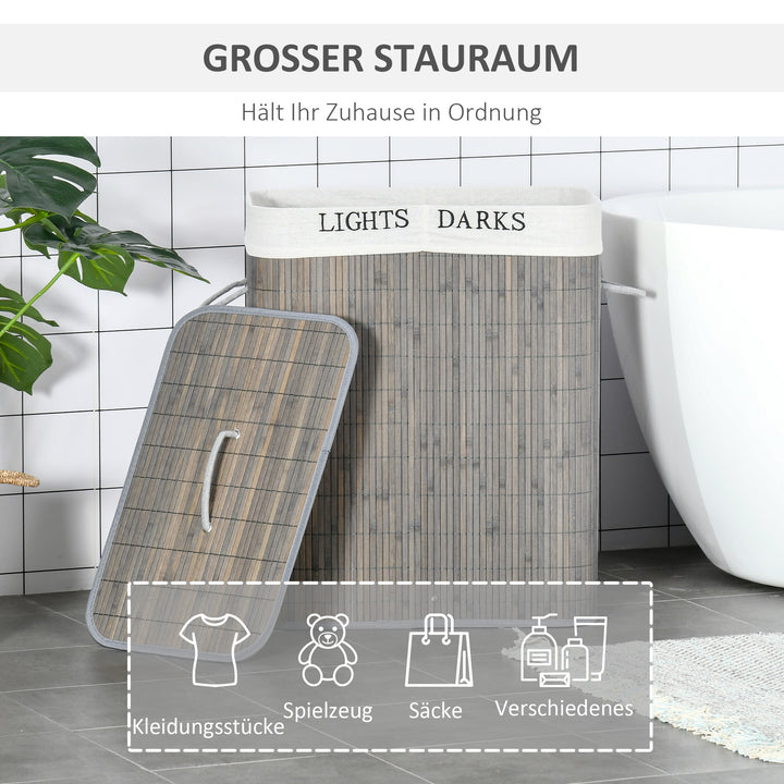 100L vasketøjskurv med 3 håndtag, med vaskbar vasketøjspose, bambus, polyester, bomuld, metal, 52 x 32 x 63 cm, grå