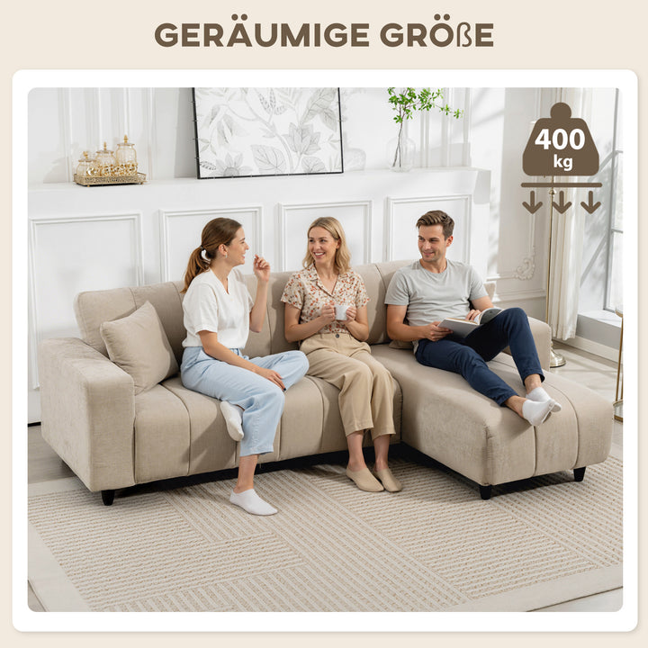 Hjørnesofa, vendbar chaiselong, hynder, 242 x 156 x 87 cm, beige