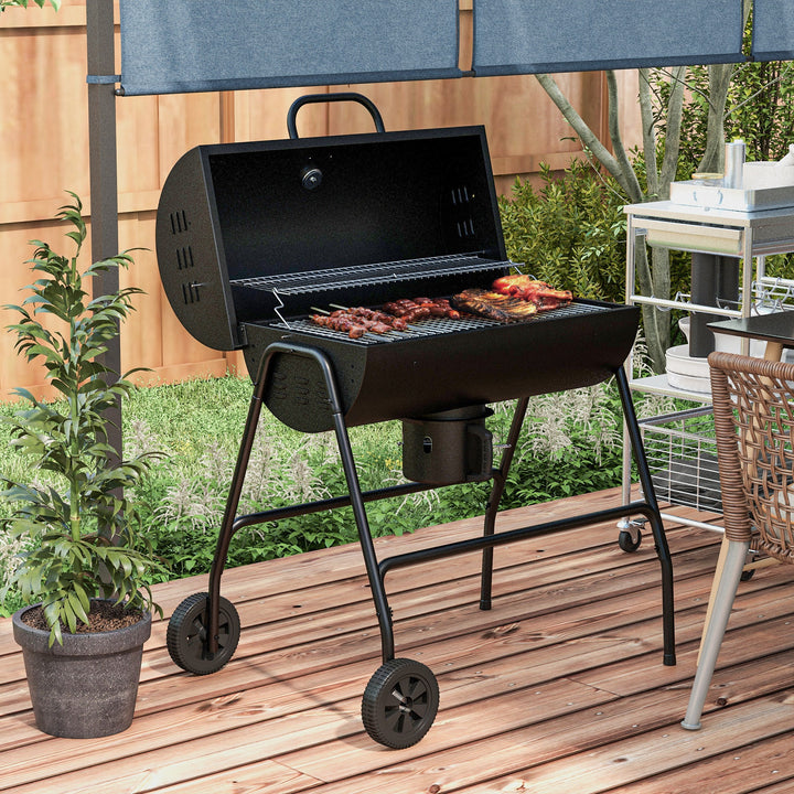 Metalkulgrill BBQ-ryger med låg, termometer, hjul, grillvogn, 95x71,5x102 cm, sort