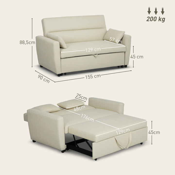 2-Personers sofa med sengefunktion, justerbar ryglæn, polstret sofa, fløjlslook, til stue, soveværelse, beige