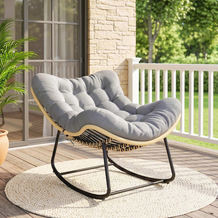 Rattan gyngestol haveliggestol med tyk hynde, havegynge op til 120 kg, indendørs/udendørs, 87 x 110 x 70 cm, grå