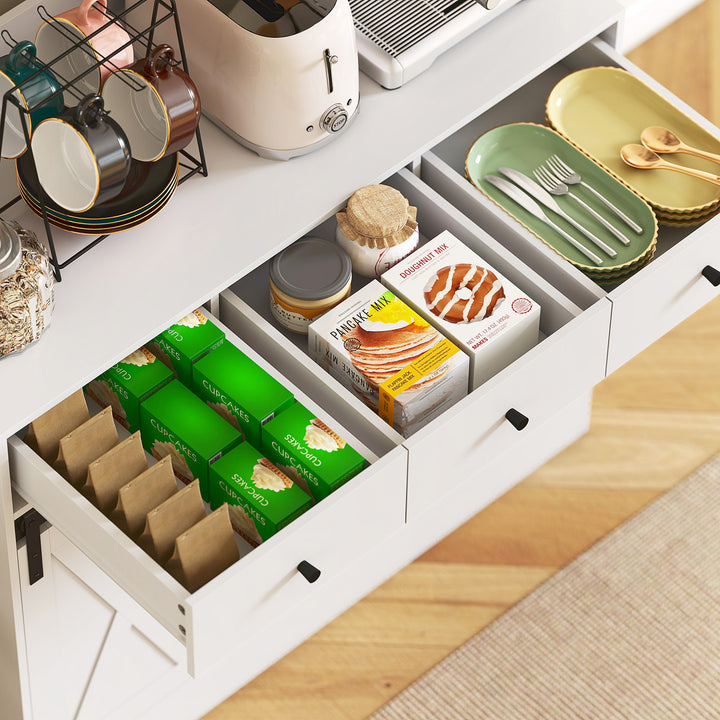 Køkkenskab med hylder, skabe, skuffer og opbevaringsplads, landlig stil, justerbare hylder, træ, hvid