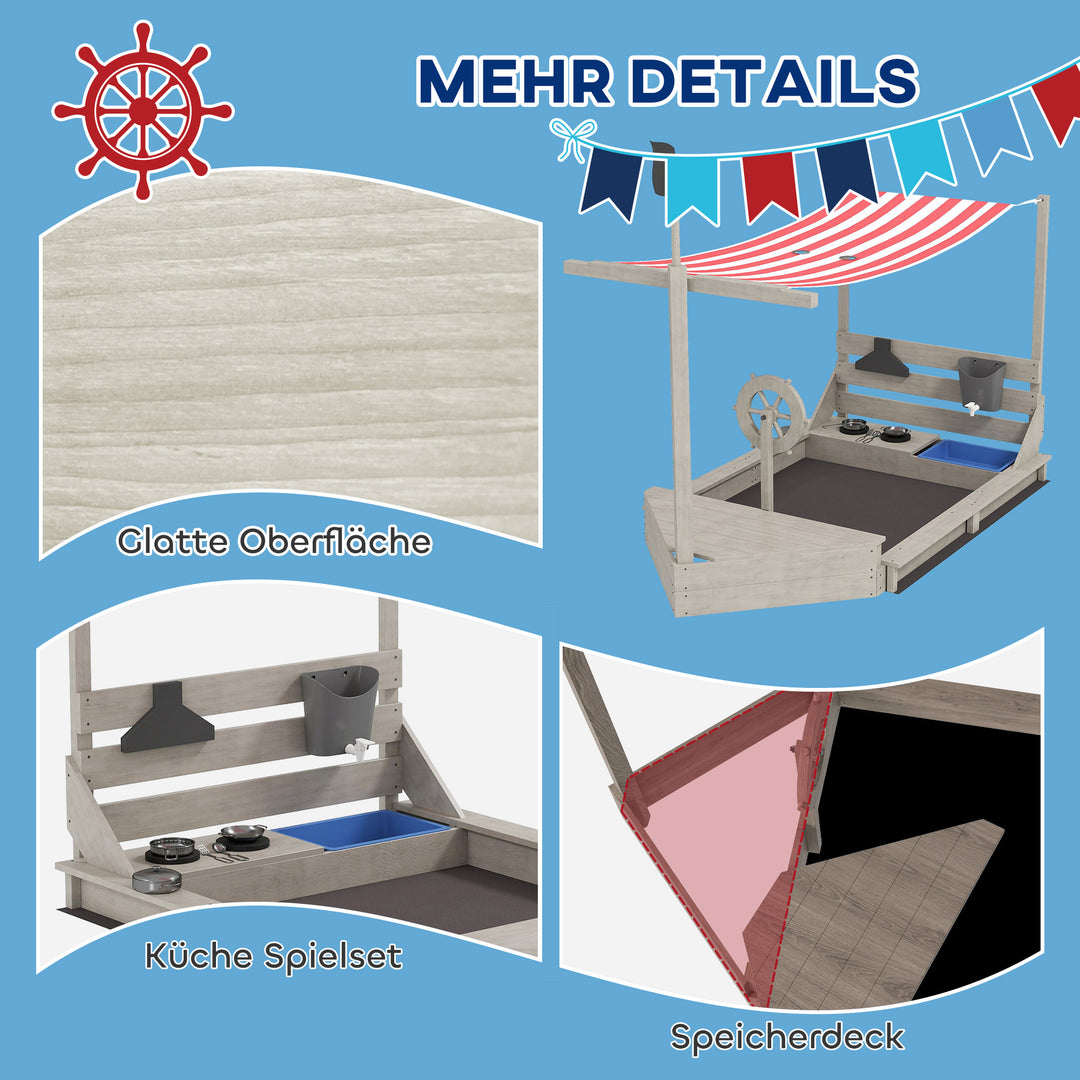 Sandkasse med soltag, piratskib, inklusive børnekøkkenlegesæt, massivt træ, 180 x 103 x 144,5 cm, grå