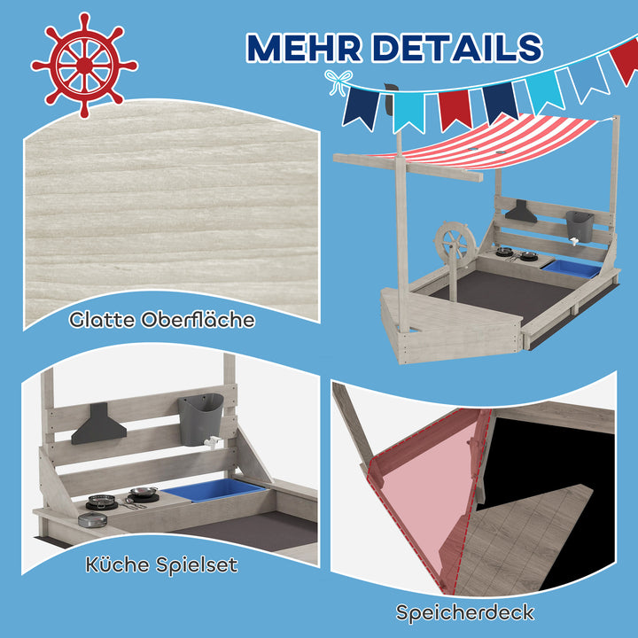Sandkasse med soltag, piratskib, inklusive børnekøkkenlegesæt, massivt træ, 180 x 103 x 144,5 cm, grå