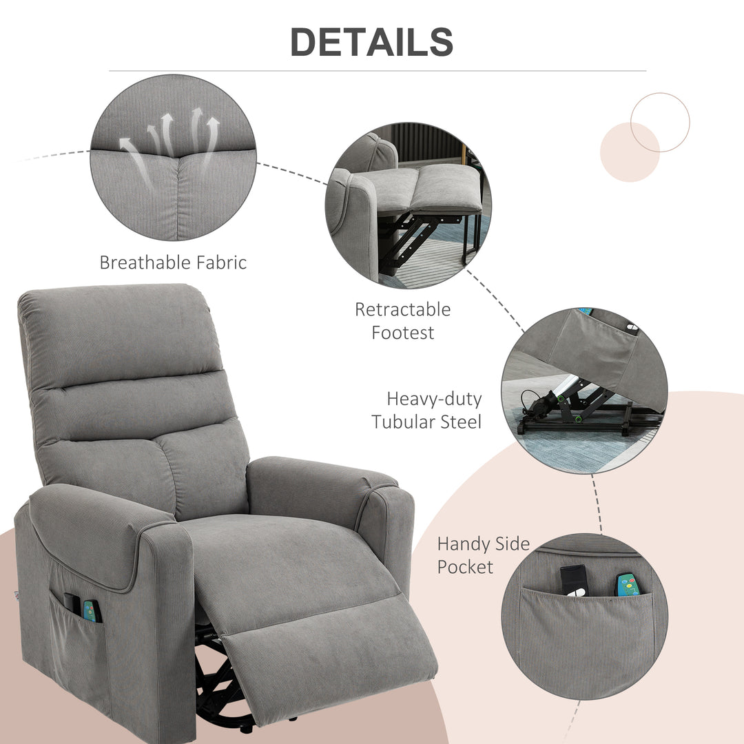 Tv-stol med elektrisk hæve-sænke, massagestol med lænefunktion og varmefunktion, afslapningsstol med fjernbetjening og sidelomme, justerbart polyesterstof, mørkegrå