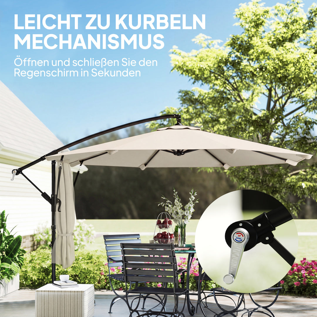 Fritstående parasol ca. Ø300 cm, vipbar, med håndsving, krydsfod, vindreb og beskyttelsesovertræk, cremehvid