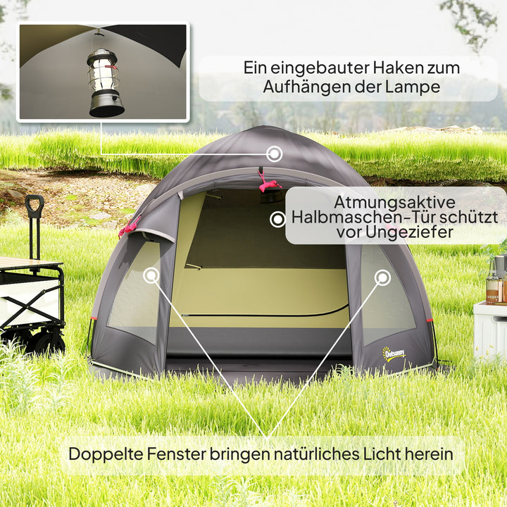 Let og stabilt 2-personers campingtelt med UV 50+ beskyttelse, tunneltelt med markise, sidedør og vindue, sort