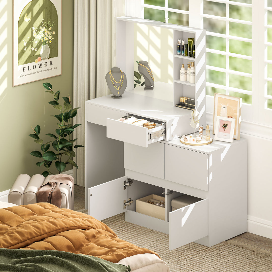 Sminkebord, makeupbord med stort spejl, 4 skuffer, 3 åbne rum, 2 skabe, mdf, hvid