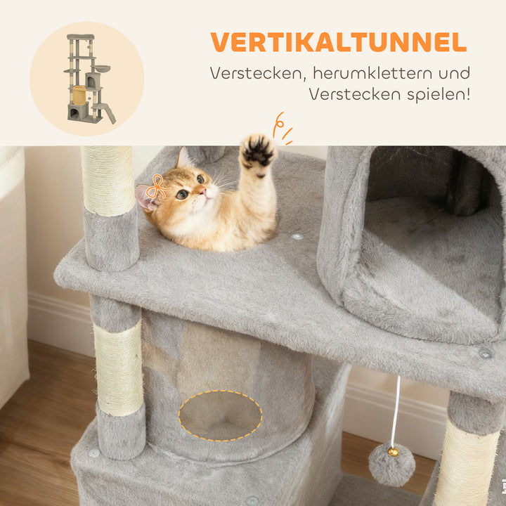 Kradsetræ til katte, 170 cm, tunnel, huler, stor base, sisalpæle, lysegrå
