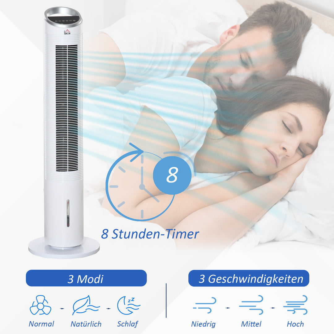 Tårnventilator med vandkøling og fjernbetjening, 60W, 20㎡ (30 cm x 30 cm x 100,8 cm), 3 tilstande, hvid