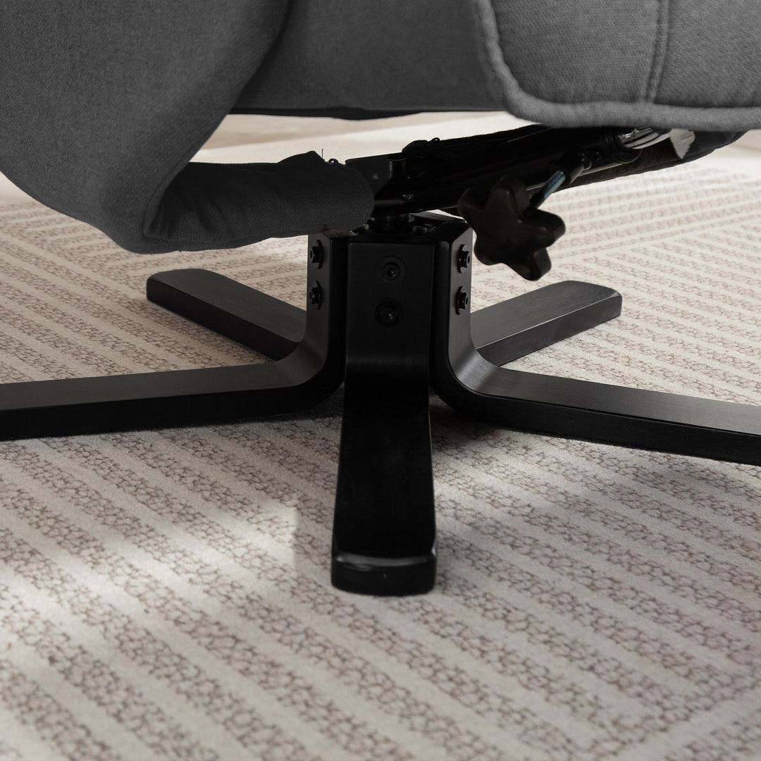 Gyngestol med fodskammel, betræk af fløjlsstof, drejestol med polstring, træstel, grå