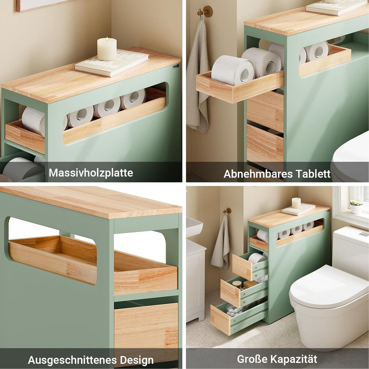 Smalt badeværelsesskab med 3 skuffer, pladsbesparende rullevogn på hjul, velegnet til badeværelse, toilet og køkkenopbevaring, 65x24x82 cm, grøn