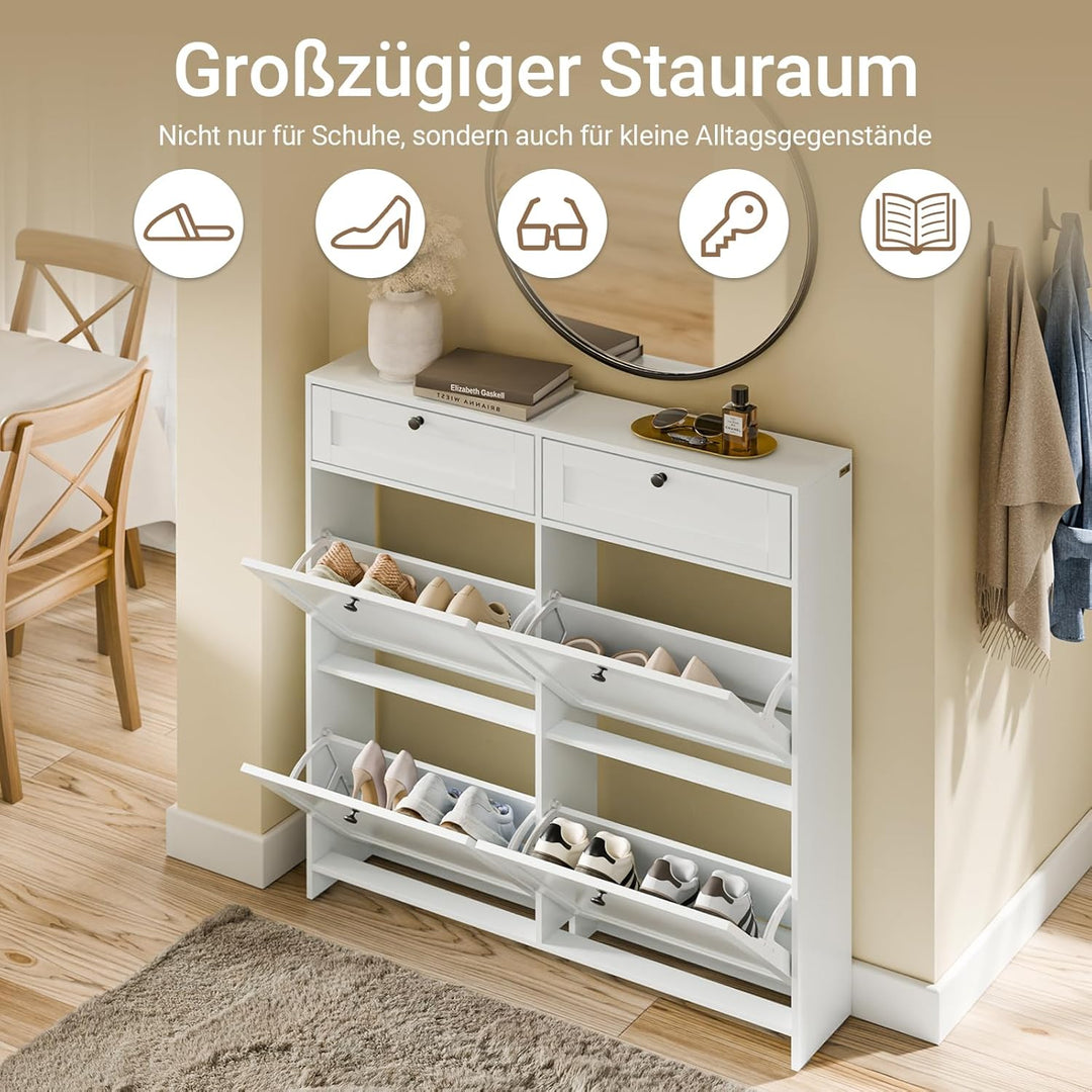 Smalt hvidt skoskab – moderne, pladsbesparende med plads til 12 par, inkl. anti-vippeanordning og silikonefødder, 100 × 19 × 107 cm