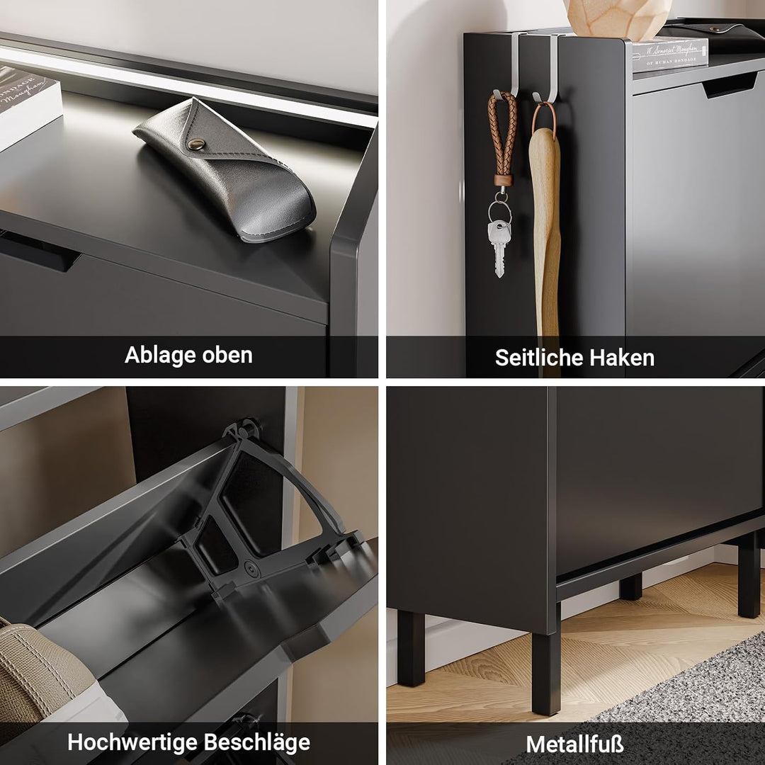 Smalt skoskab med sensorlys – sort nordisk design