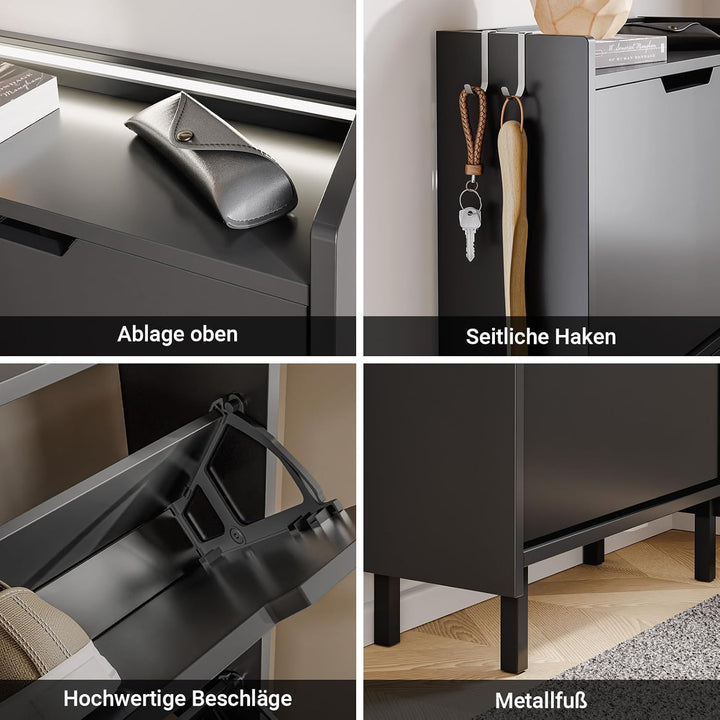 Smalt skoskab med sensorlys – sort nordisk design